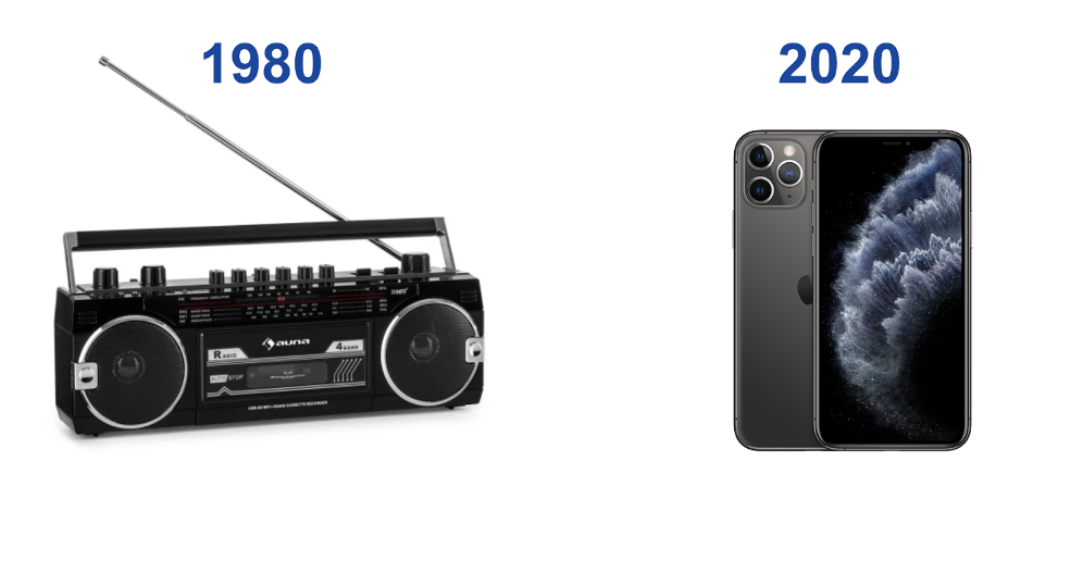 Registratore anni 80 e smartphone del 2020
