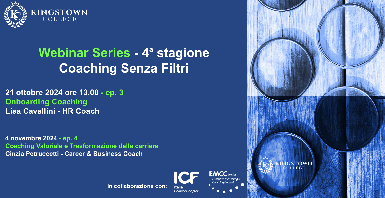 21 ottobre 2024 ore 13.00 - ep. 3<br />
Onboarding Coaching<br />
Lisa Cavallini - HR Coach</p>
<p>4 novembre 2024 - ep. 4<br />
Coaching Valoriale e Trasformazione delle carriere<br />
Cinzia Petruccetti - Career & Business Coach<br />
